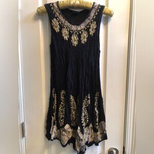 Black and Gold Embroidery & Block Print Sun Dress Free Size